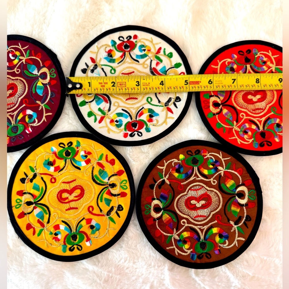 Asian Inspired Embroidered Silk Coasters, Set of 5- 5” Round - Picture 3 of 4